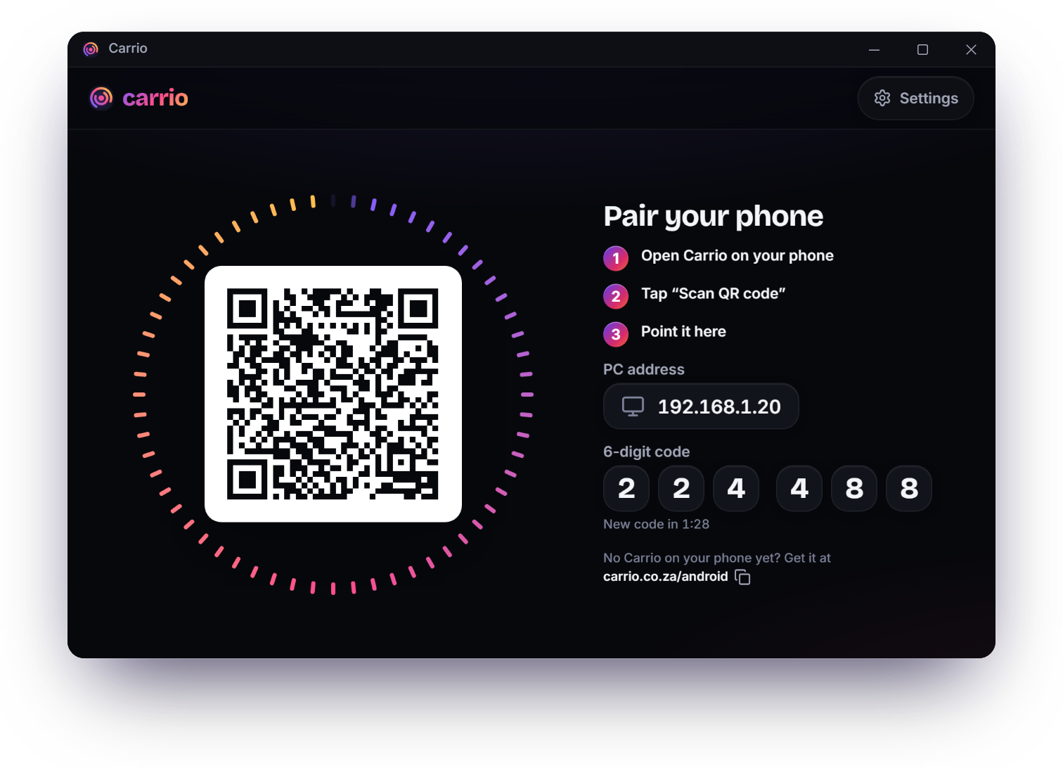 The Windows app ready to pair: a QR code inside a countdown ring, three short steps, the PC address and a 6-digit code
